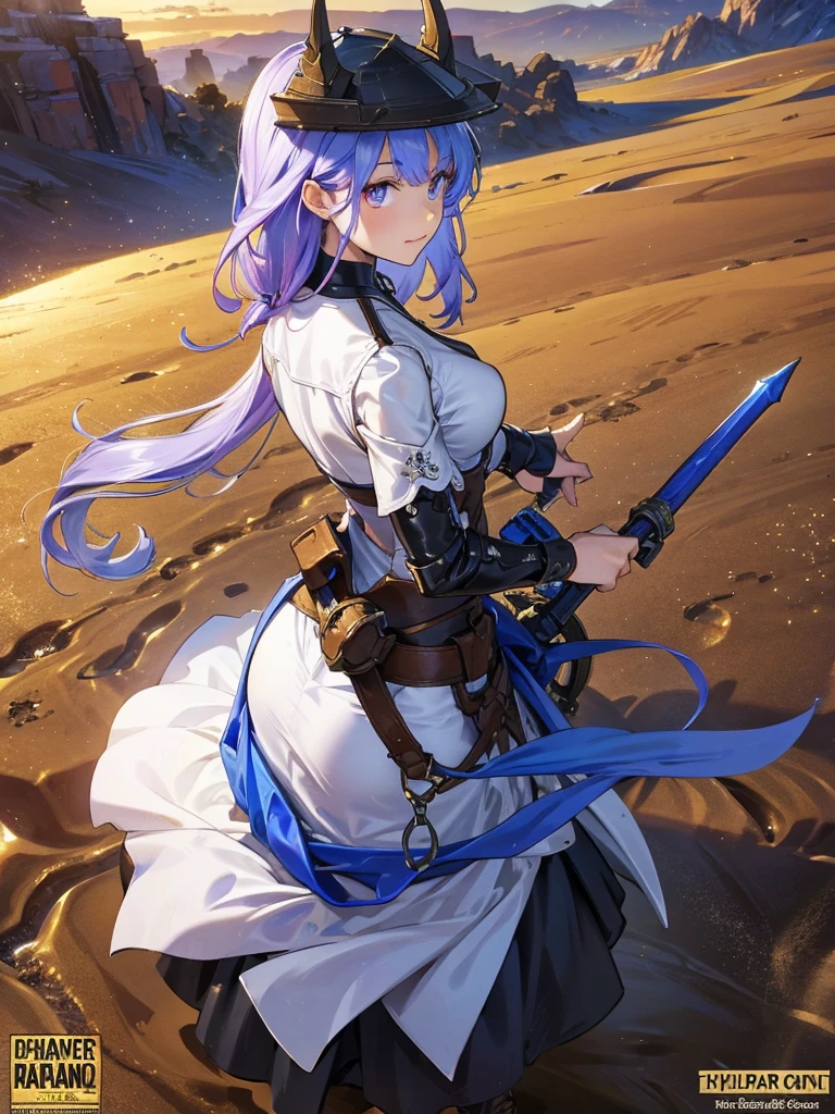 Fleurdelis , The Iris Swordsoul , 1 girl,Highest quality,((Highest quality)),((Tabletop)),((Perfect Face)),1 girl,smile,beauty,((Holographic)), (Desolate desert background) (Beautiful attention to detail: 1.2), (Highly detailed CG Unity 8K wallpapers, masterpiece, Highest quality, Very detailed, Best Shadow), (Detailed Background),People Girls, sketch,Cinematic,Like the cover of a movie