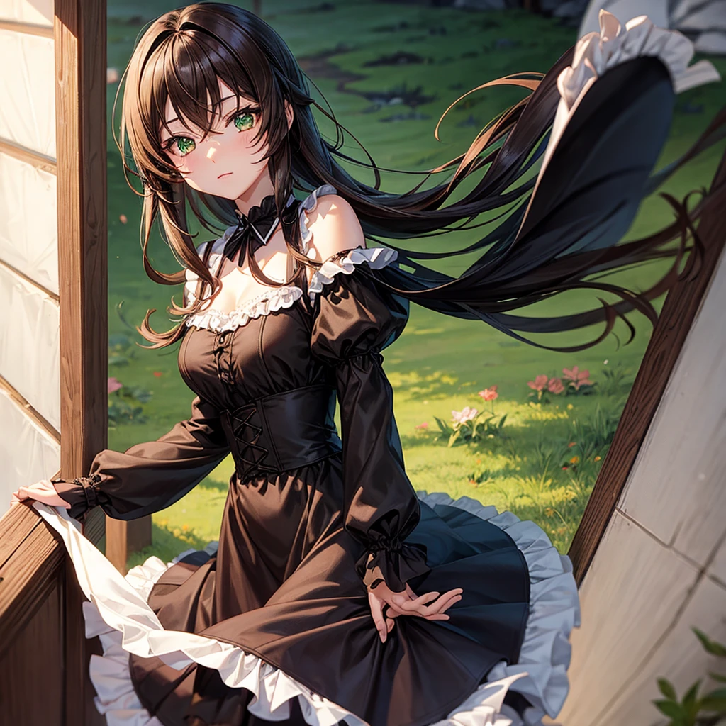 Anime girl, brown shoulder-length hair, green eyes, black maid dress