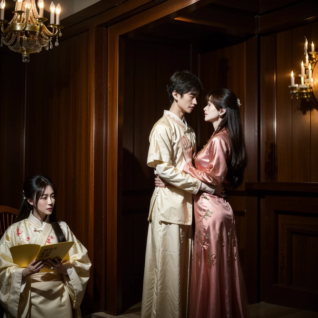 ((Highest quality)), ((masterpiece)), (detailed), （Perfect Face）、The woman is Ogiso Setsuna, with light brown, medium-long hair and is wearing a gorgeous red long-slit wedding Chinese dress with gold embroidery and trim.、The woman and the middle-aged Chinese man embrace each other, kiss each other in vows, and are happily married at a luxurious Chinese wedding venue.