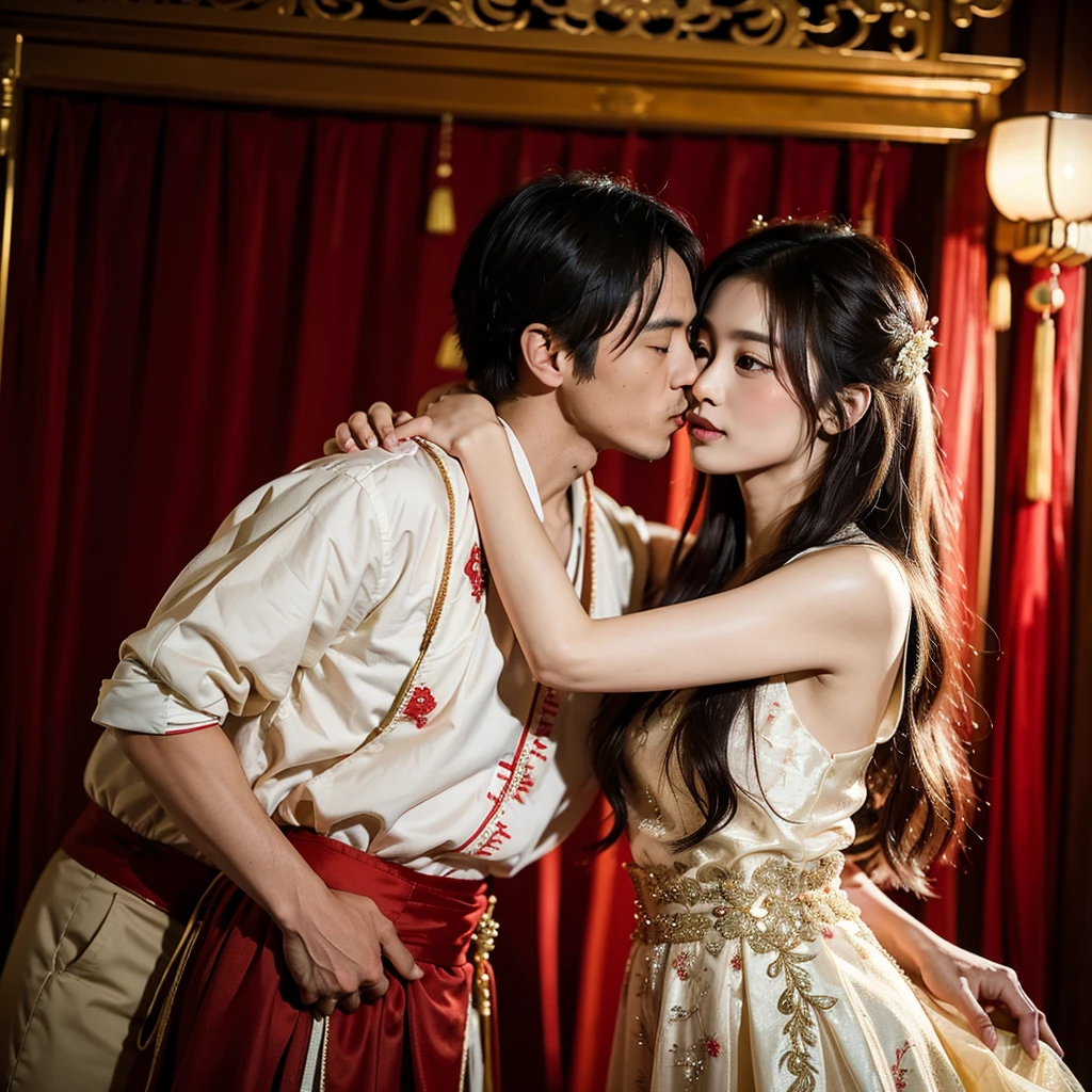 ((Highest quality)), ((masterpiece)), (detailed), (Perfect Face)、The woman is Ogiso Setsuna, with light brown, medium-long hair and is wearing a gorgeous red long-slit wedding Chinese dress with gold embroidery and trim.、The woman and the middle-aged Chinese man embrace each other, kiss each other in vows, and are happily married at a luxurious Chinese wedding venue.