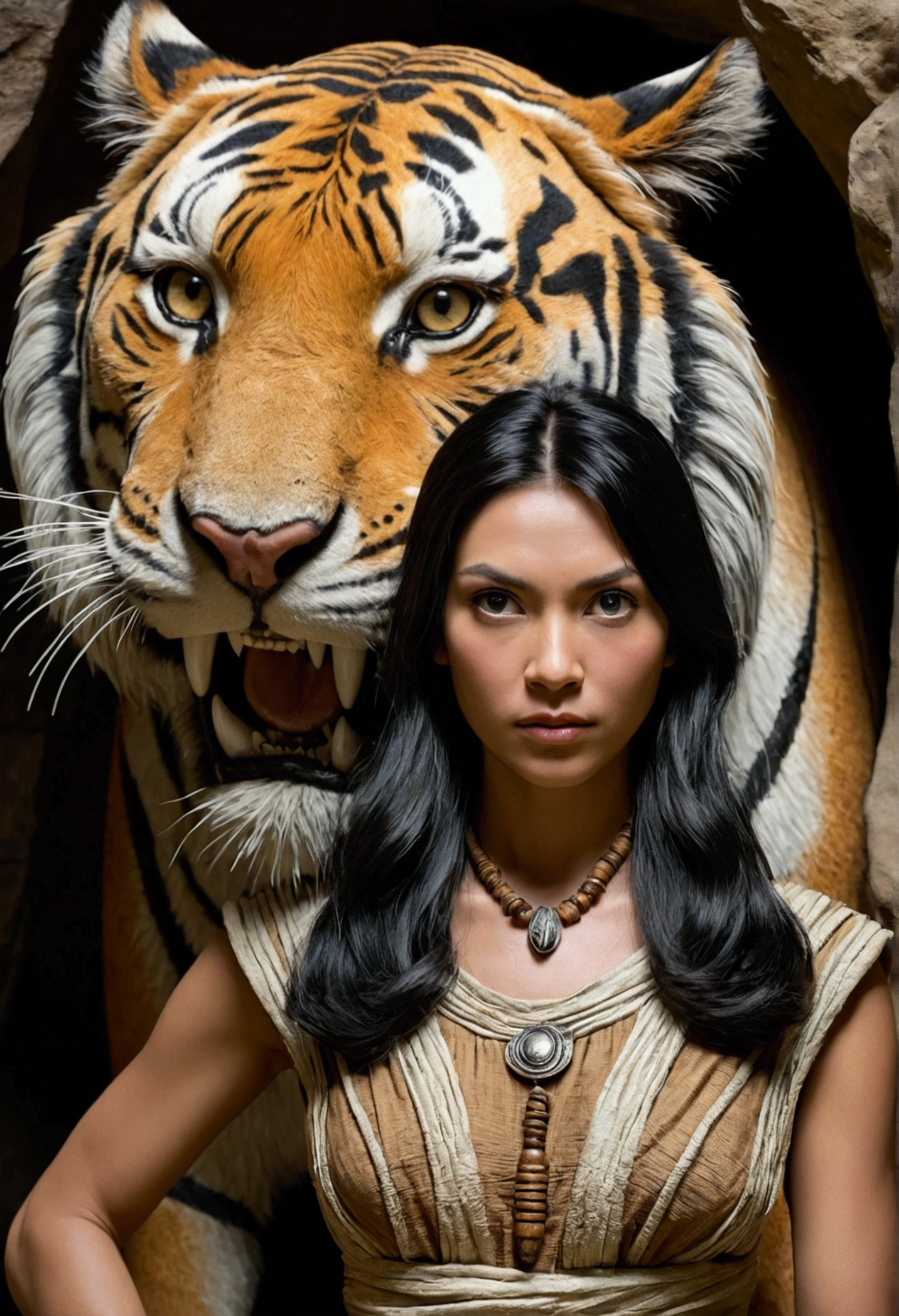 woman, long black hair, cave era, primitive woman, primitive clothing, large bust, looking at the camera, a saber-toothed tiger behind her, photorealistic