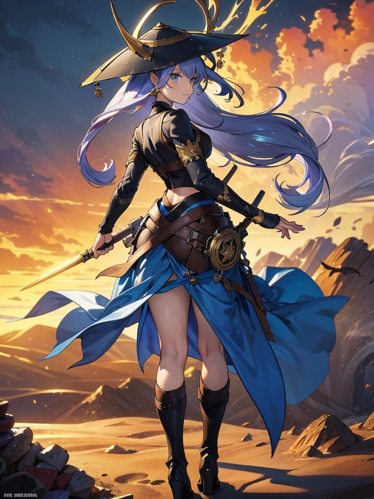 Fleurdelis , The Iris Swordsoul , 1 girl,Highest quality,((Highest quality)),((Tabletop)),((Perfect Face)),1 girl,smile,beauty,((Holographic)), (Desolate desert background) (Beautiful attention to detail: 1.2), (Highly detailed CG Unity 8K wallpapers, masterpiece, Highest quality, Very detailed, Best Shadow), (Detailed Background),People Girls, sketch,Cinematic,Like the cover of a movie