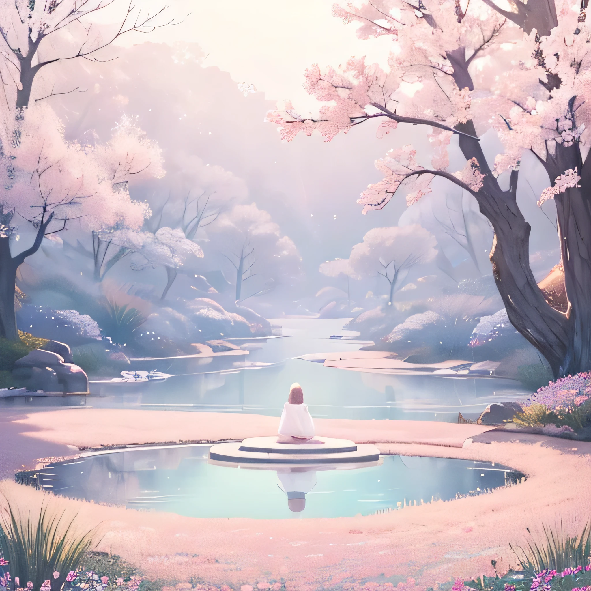 A digital art of epic landscape, 멀리보이는 기도하는 소녀의 뒷모습, serene and minimalistic design, soft warm pastel tones, central heart symbol intertwined with delicate flowers and gentle vines, calm and reflective, evokes feelings of humility and inner peace