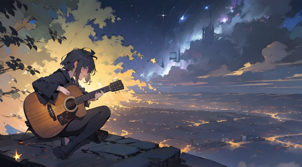 masterpiece,night,(dark alley),star、Night Sky、Overlooking the city、milky way、octone、
(1 Youth), (独奏), Knee hugging sitting，acousticguitar