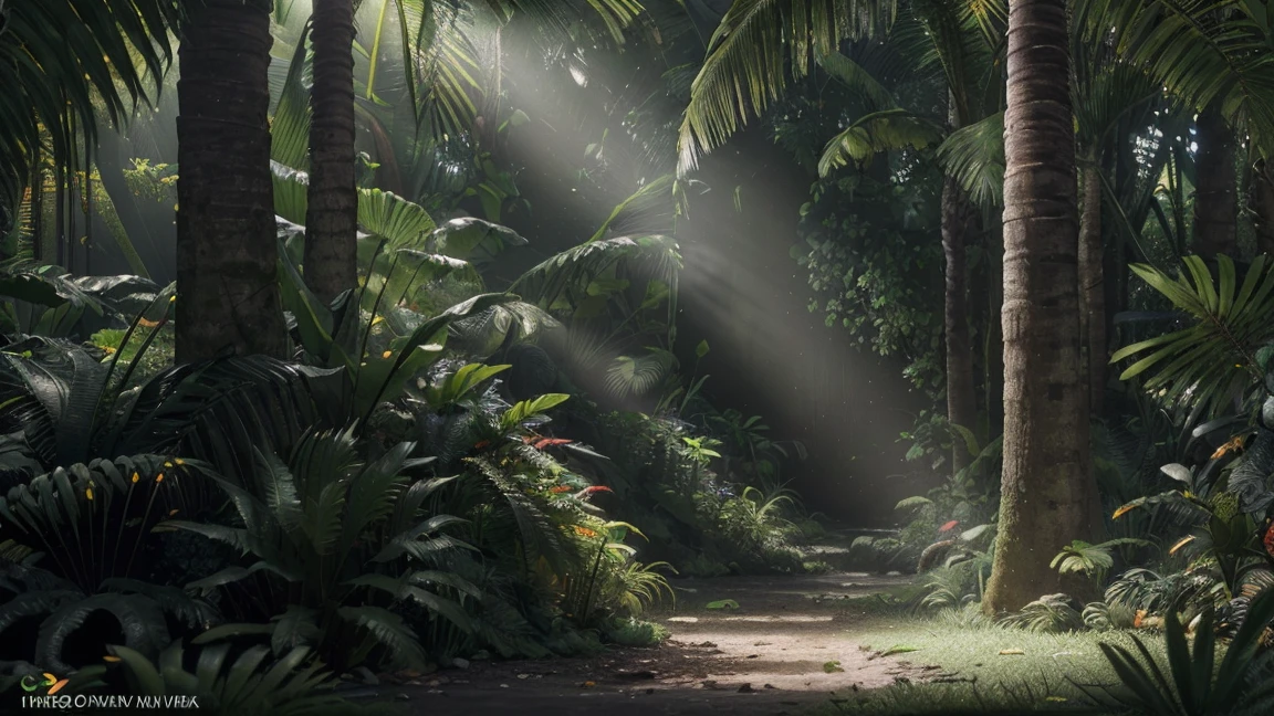 (a lush tropical forest, untouched, 180 degree scene, NVIDIA RTX physical lighting, Iray render in Daz Studio 4 Pro, 8K advanced denoising, highly detailed, intricate foliage, dense vegetation, sunbeams, god rays, volumetric lighting, photorealistic, cinematic composition, moody atmosphere, vibrant colors, dynamic depth of field, stunning details)