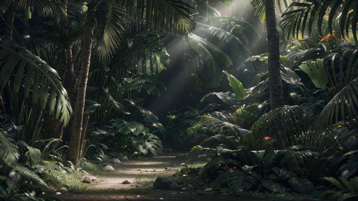 (a lush tropical forest, untouched, 180 degree scene, NVIDIA RTX physical lighting, Iray render in Daz Studio 4 Pro, 8K advanced denoising, highly detailed, intricate foliage, dense vegetation, sunbeams, god rays, volumetric lighting, photorealistic, cinematic composition, moody atmosphere, vibrant colors, dynamic depth of field, stunning details)
