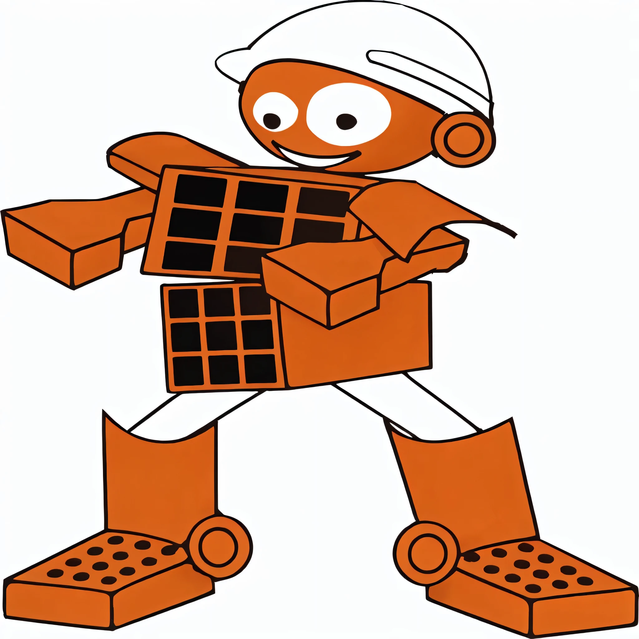 a smiling brick robot, body is made of two bricks placed one on top of another perpendicularly, the shoulders are made of ceramic tiles, the arms are made of cobblestones, the calves are ceramic tiles, the feet are made of bricks with 18 holes, head spherical, with safety helmet