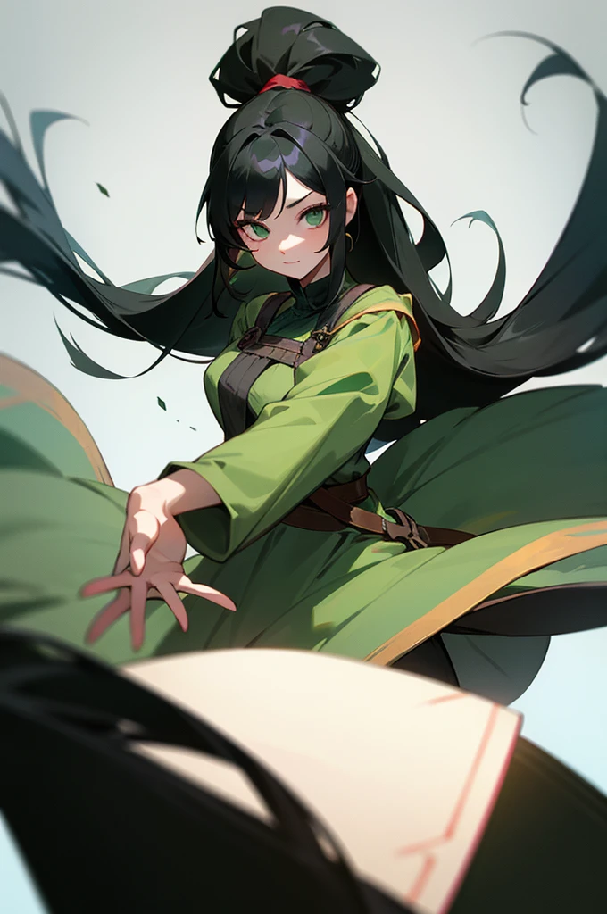 A young woman with long black hair tied in a high ponytail, very clear skin, dark green eyes, thin and with a friendly face, wears a peasant dress 