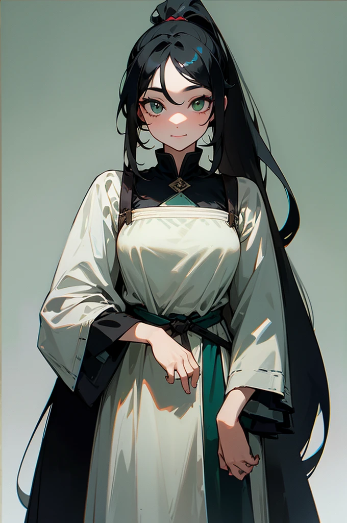 A young woman with long black hair tied in a high ponytail, very clear skin, dark green eyes, thin and with a friendly face, wears a peasant dress 