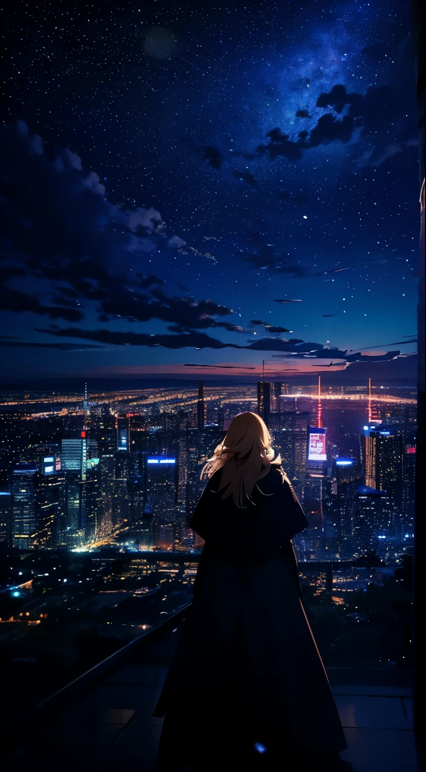 1people々々々々々々,Blonde long-haired woman,Long coat, Dress Silhouette, Rear View,Space Sky, comet, Anime Style, Dancing Petals,Night view of the city from the mountainside,