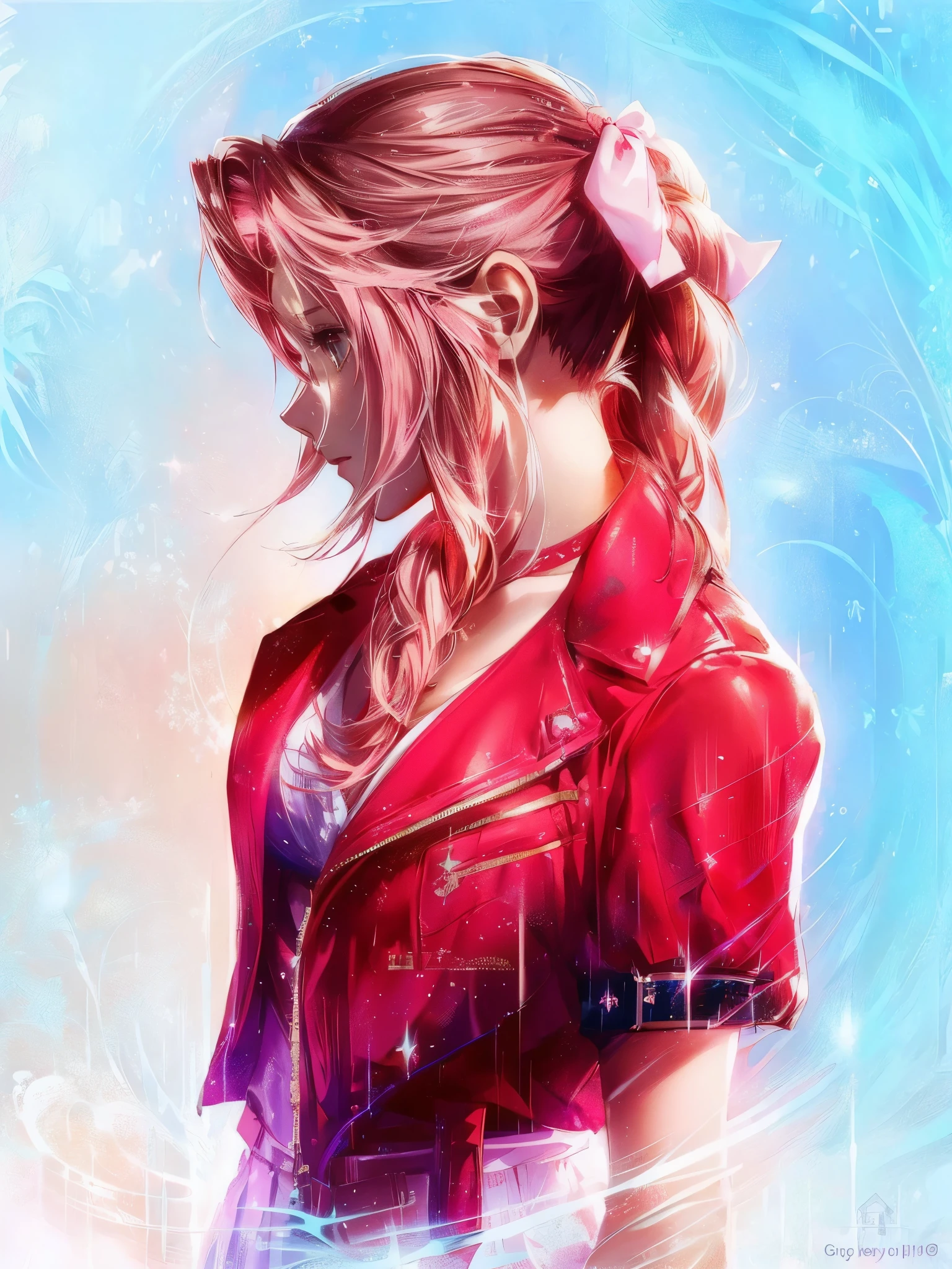 aerith, final fantasy vii, anime girl with red jacket and pink hair with a pink bow, beautiful aerith gainsborough, glamorous aerith portrait, aerith gainsborough, anime style digital art, anime digital art, anime styled digital art, anime style 4 k, video game digital art, female protagonist, portrait knights of zodiac girl, anime art wallpaper 8 k, profile of anime girl