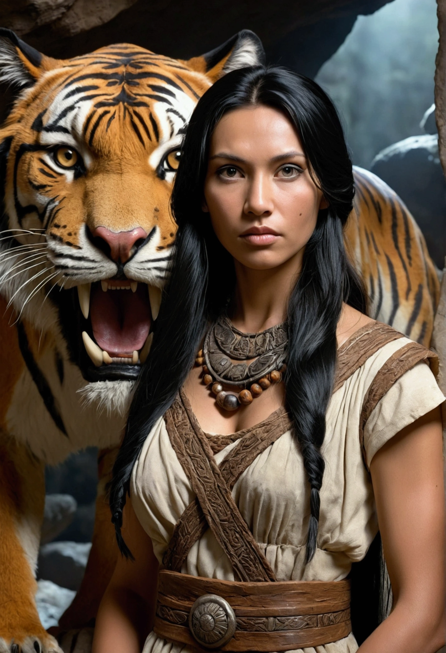 woman, long black hair, cave era, primitive woman, primitive clothing, large bust, looking at the camera, a saber-toothed tiger behind her, primitive landscape, photorealistic