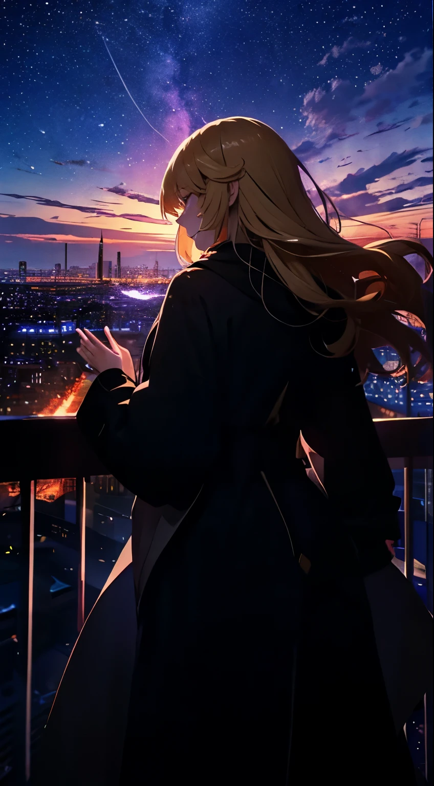 1people々々々々々々,Blonde long-haired woman,Long coat, Dress Silhouette, Rear View,Space Sky, comet, Anime Style, Dancing Petals,Night view of the city from the mountainside,