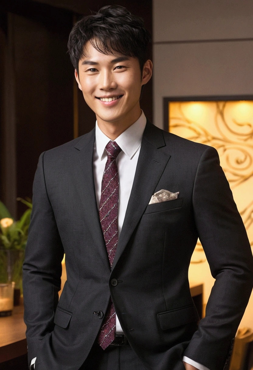 （whole body:1.25）, East Asian Men, soft lighting, cleary see face, ((business suit)), cheerfulness, warm lights, he used to smile,, (detailed short hair), bonitas, Youngh, detailed short hair,