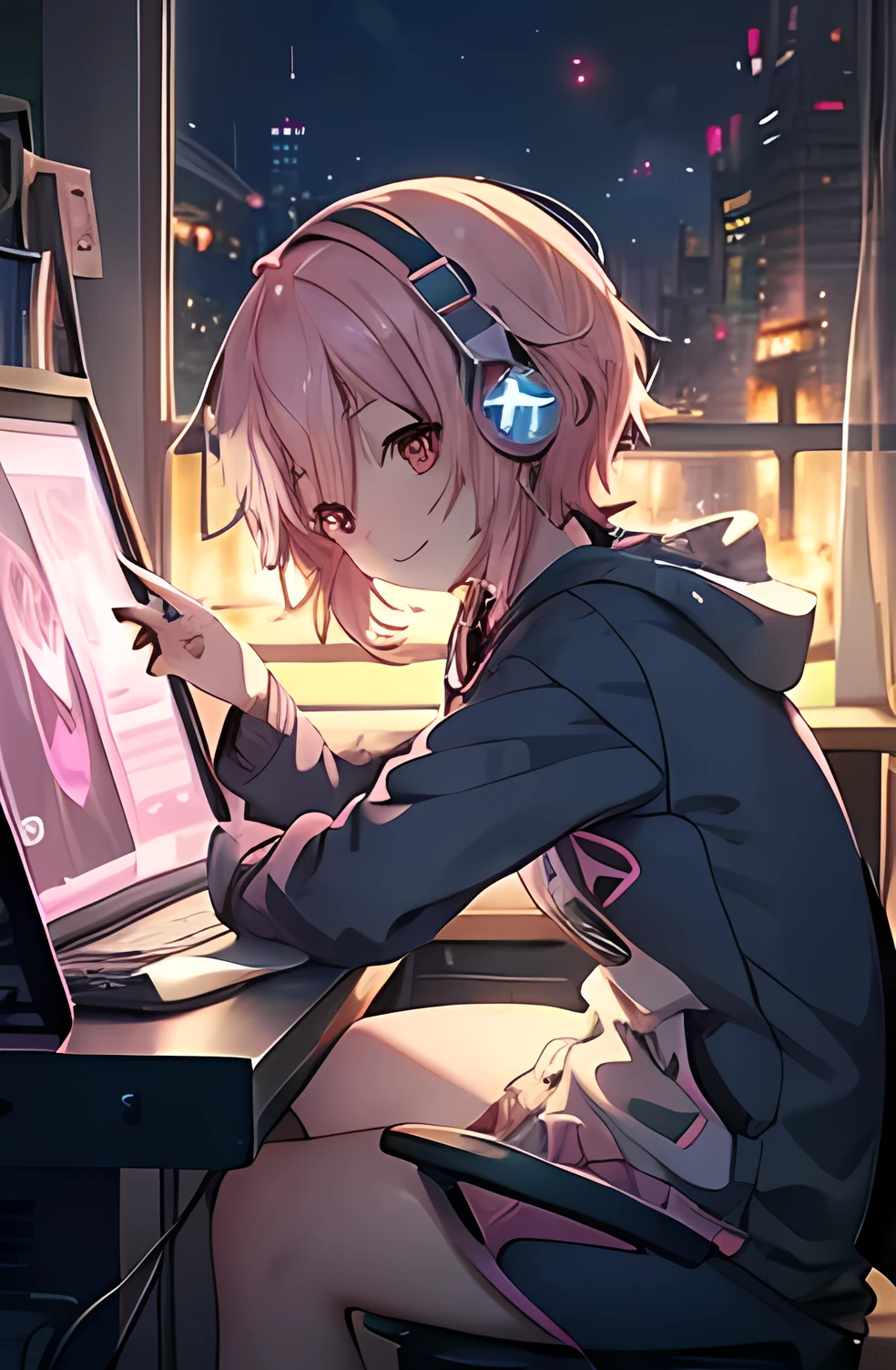 One Woman、Pink Hair、Hairstyle、Shortcuts、Orange eyes、Slanted Eyes、smile、Wearing headphones、Sitting、Playing computer games on multiple computers、Dimly lit room、From the side、anime、Very detailed。