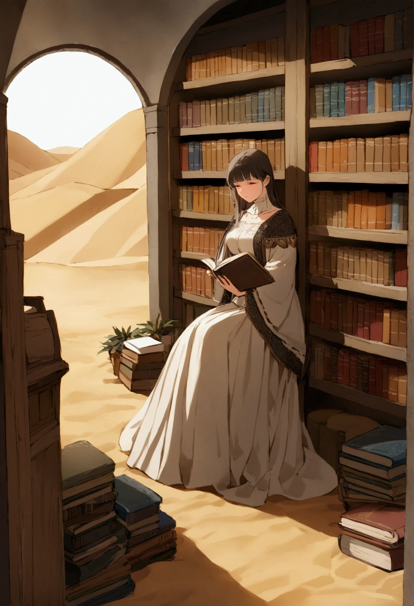 scene for the cover of a modest Caucasian woman in a library reading books buried in the desert sands