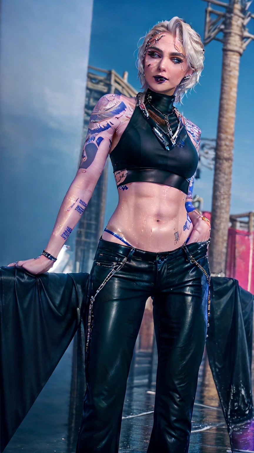 Zoya, perfect lighting, extremely detailed CG, 1girl, breasts, earrings, jewelry, makeup, medium breasts, necklace, shorthair, solo, tattoo, arm tattoo, silver hair, wet, standing, pants, crop top,((masterpiece:1.2, best quality, high resolution, distinct image)), Zoya from path to nowhere, muscular female, sharp eye, tattoo, perfect lighting, big breasts, bright white hair, black lips