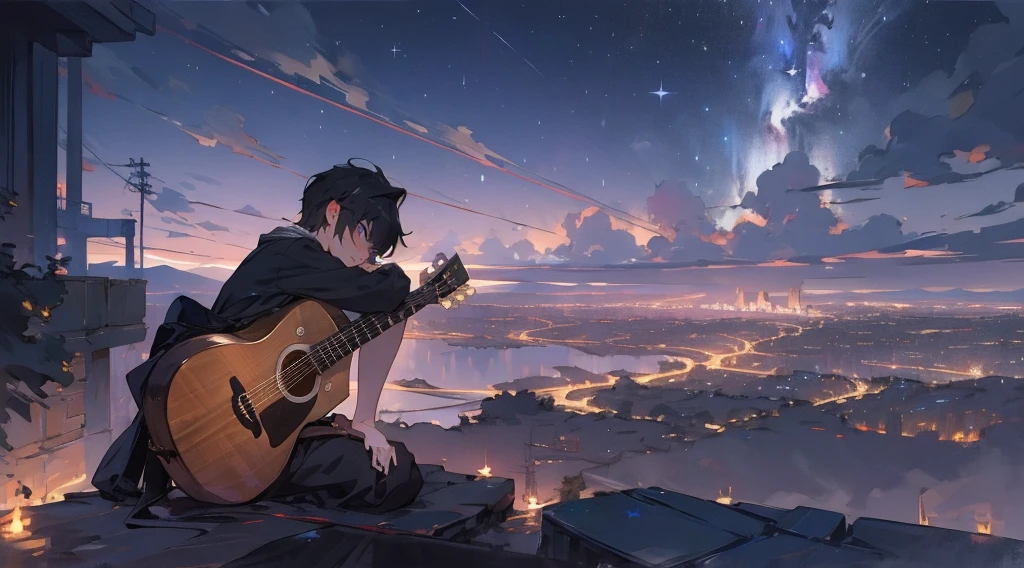 masterpiece,night,(dark alley),star、Night Sky、Overlooking the city、milky way、octone、
(1 Youth), (独奏), Knee hugging sitting,acousticguitar