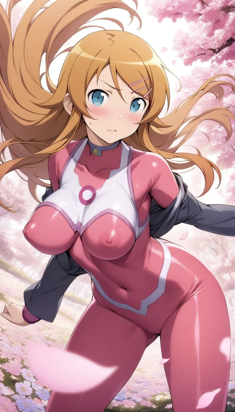 masterpiece, best quality, very aesthetic, absurdres, 1girl, mature_lady,pink_bodysuit,red_bodysuit,covered_nipple,,kousaka_kirino, ore no imouto ga konna ni kawaii wake ga nai, orange hair|brown hair, long hair, floating hair, shiny hair, blue eyes|aqua eyes, pink hairclip, ,surrounding by flowers,falling_petals, outdoors, petals,,floating_clothes,front view