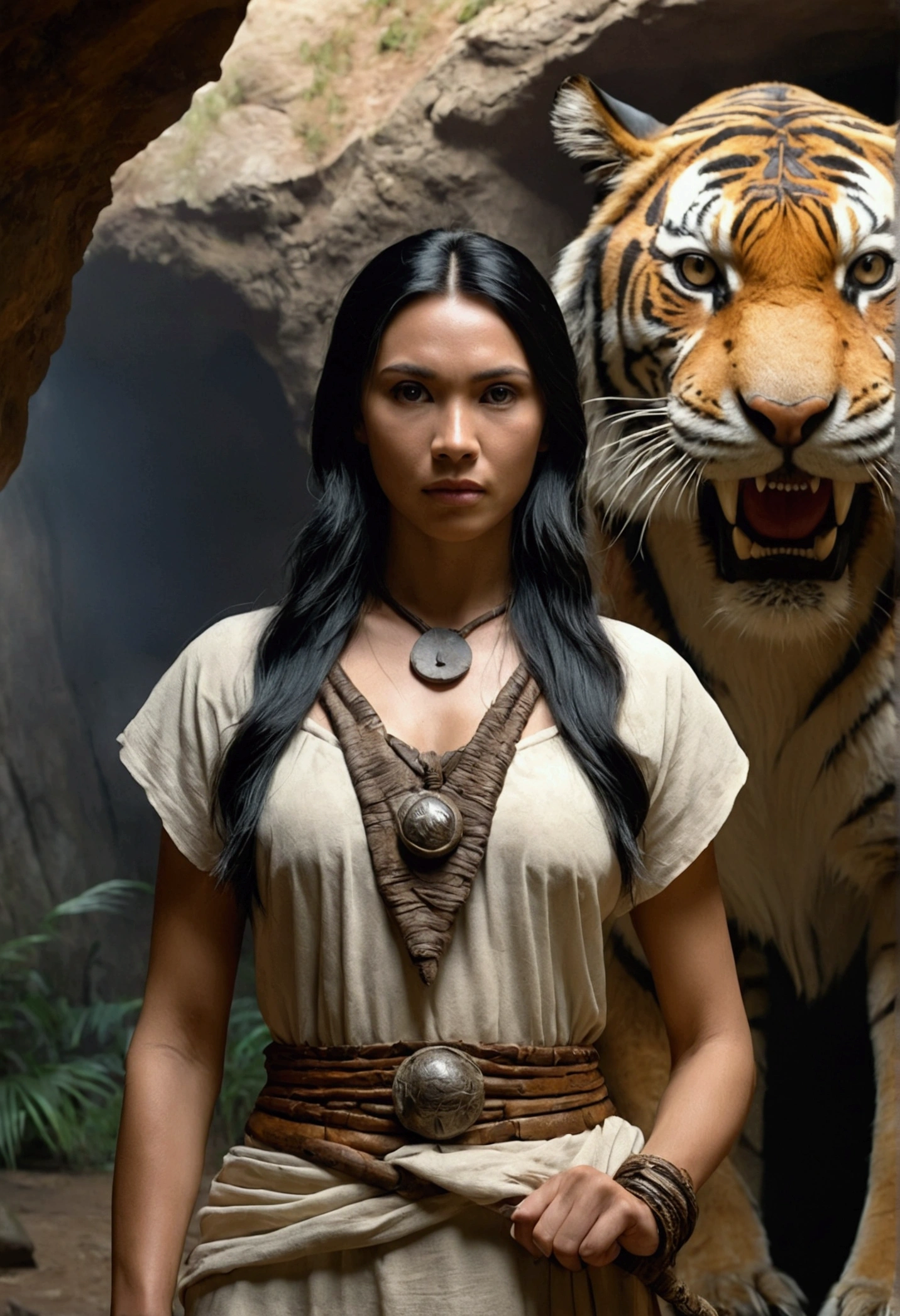 woman, long black hair, cave era, primitive woman, primitive clothing, large bust, looking at the camera, a saber-toothed tiger behind her, primitive landscape, photorealistic