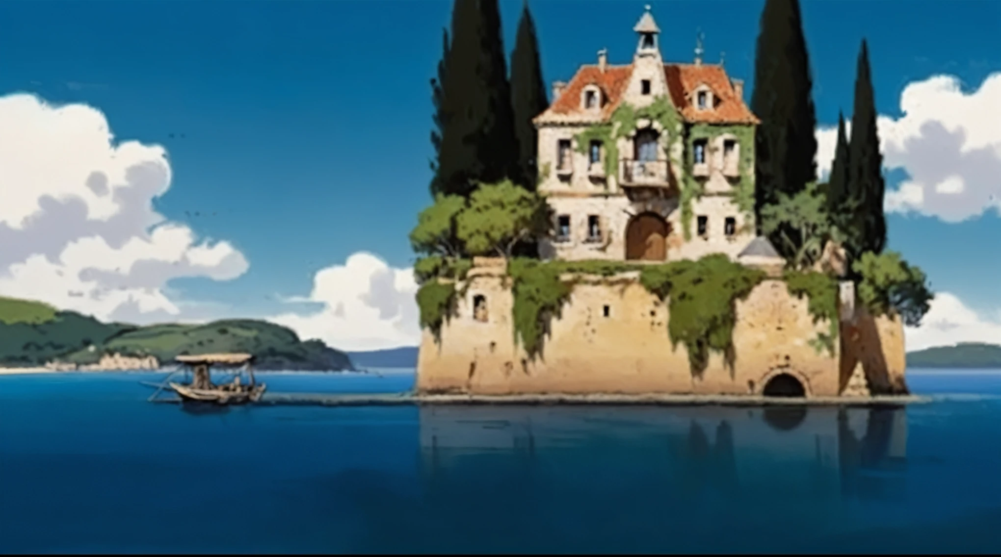 landscape of an ancient Gallic village near a beach, art by Albert Uderzo