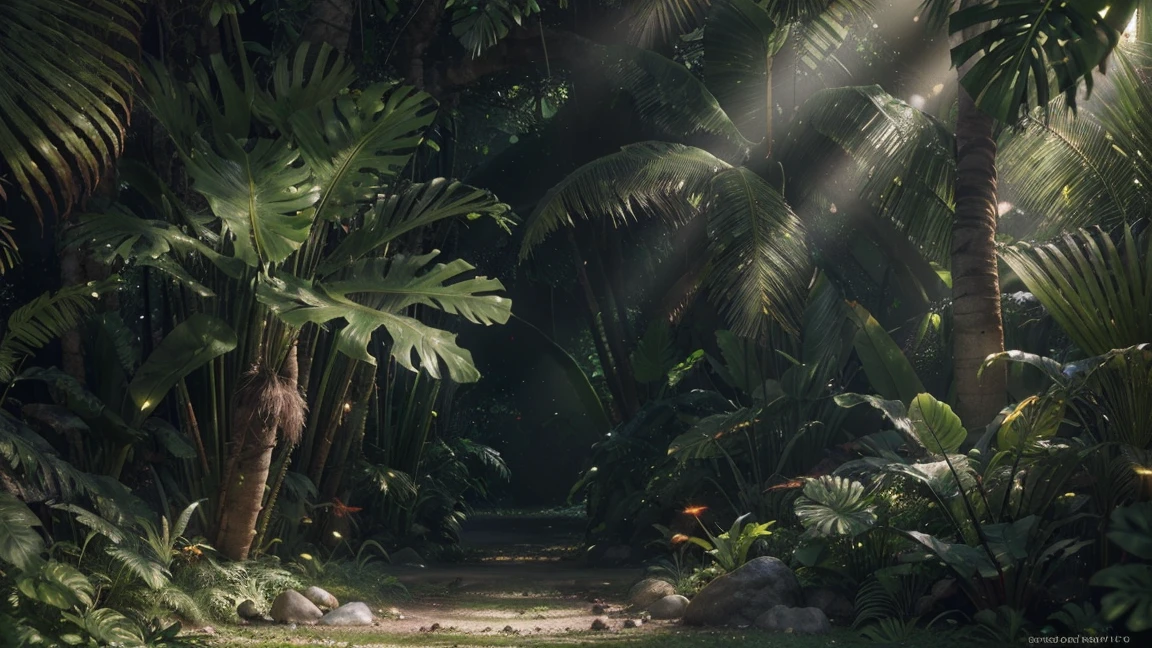 (a lush tropical forest, untouched, 180 degree scene, NVIDIA RTX physical lighting, Iray render in Daz Studio 4 Pro, 8K advanced denoising, highly detailed, intricate foliage, dense vegetation, sunbeams, god rays, volumetric lighting, photorealistic, cinematic composition, moody atmosphere, vibrant colors, dynamic depth of field, stunning details)