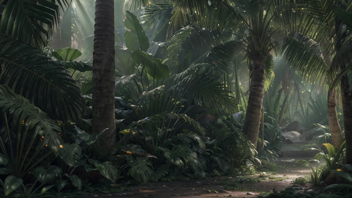 (a lush tropical forest, untouched, 180 degree scene, NVIDIA RTX physical lighting, Iray render in Daz Studio 4 Pro, 8K advanced denoising, highly detailed, intricate foliage, dense vegetation, sunbeams, god rays, volumetric lighting, photorealistic, cinematic composition, moody atmosphere, vibrant colors, dynamic depth of field, stunning details)