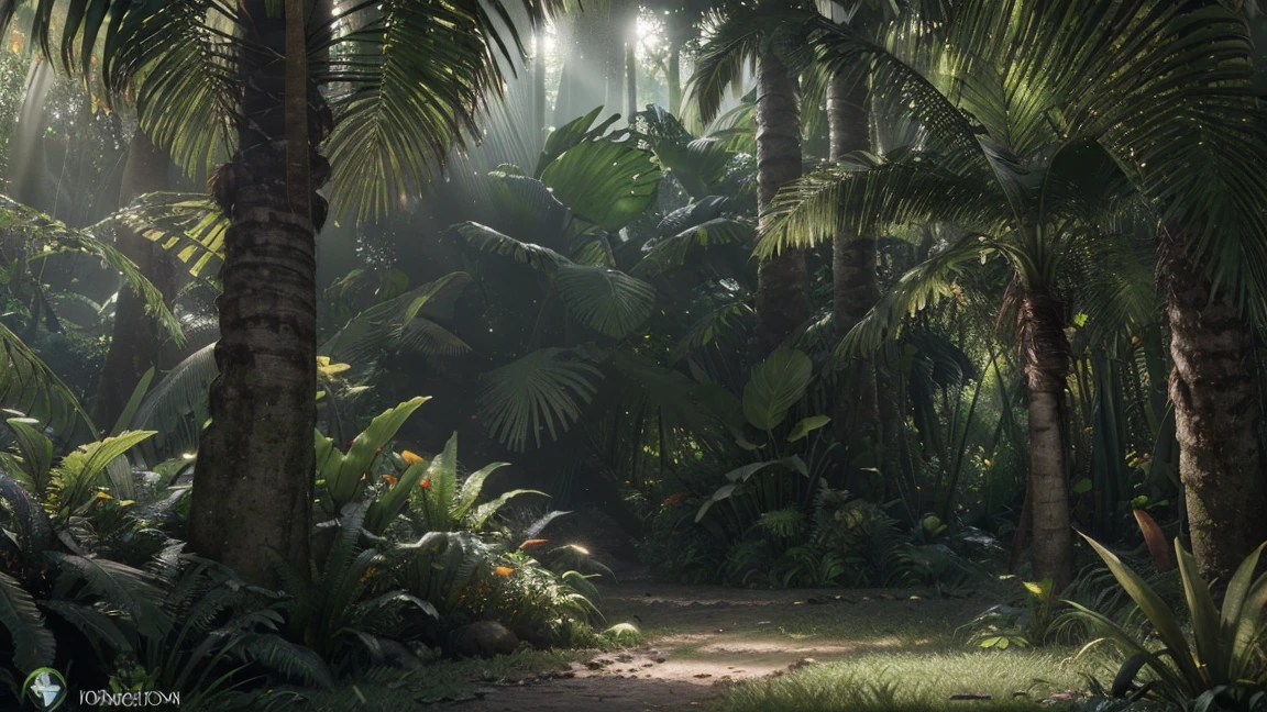 (a lush tropical forest, untouched, 180 degree scene, NVIDIA RTX physical lighting, Iray render in Daz Studio 4 Pro, 8K advanced denoising, highly detailed, intricate foliage, dense vegetation, sunbeams, god rays, volumetric lighting, photorealistic, cinematic composition, moody atmosphere, vibrant colors, dynamic depth of field, stunning details)