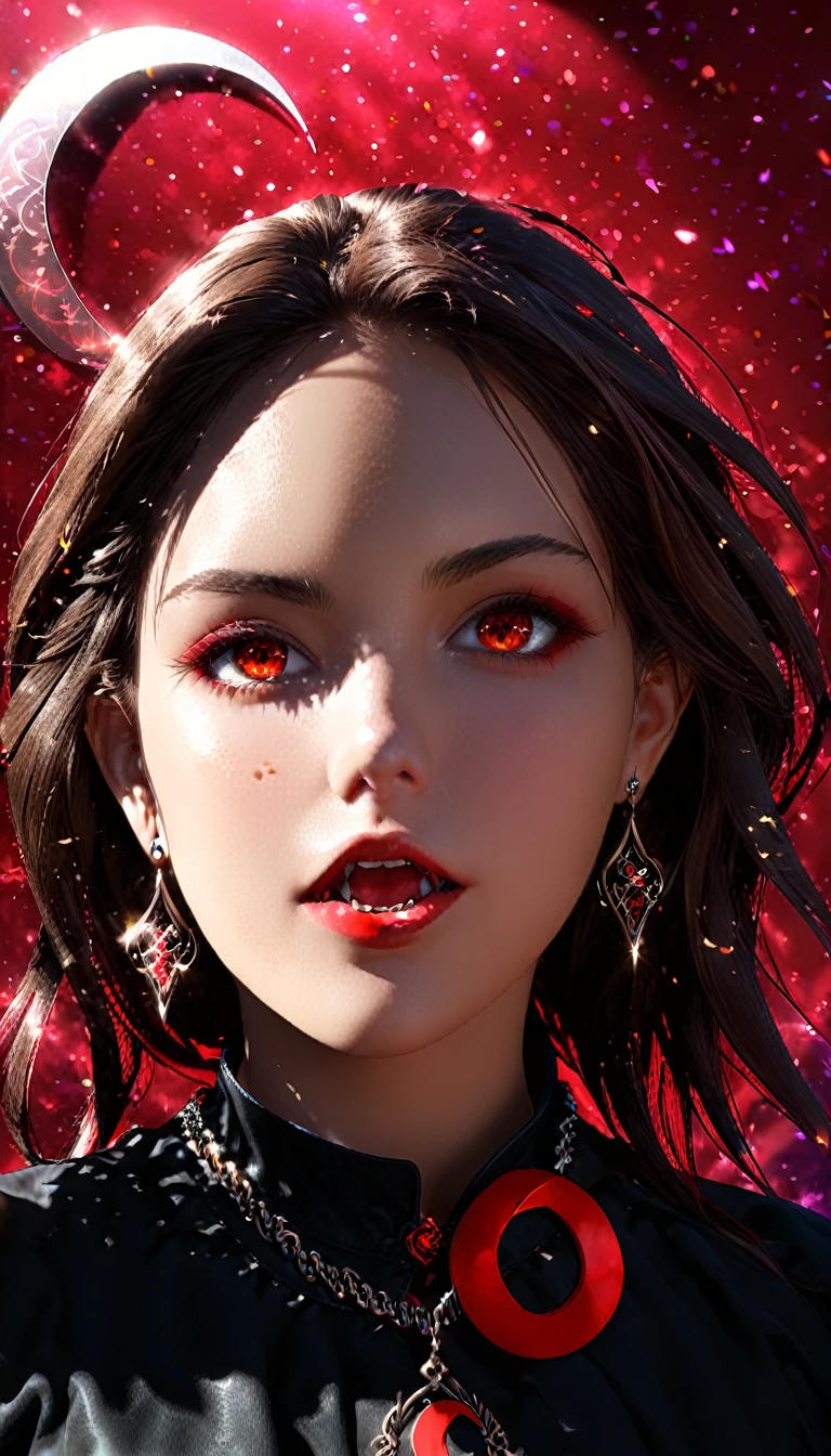 black background, tongue, tongue out, collar, earrings, piercing, long hair, ear piercing, chain, sharp teeth, open mouth, jewelry, teeth, solo, hair over one eye, animal ears, 1girl, simple background, red eyes, transparent background, black collar, looking at viewer, letterboxed, spikes, fangs, tongue piercing.
(cowboy_shot:1.4), (front view: 1.8), (medium_shot: 1.4), (close-up: 1.4), (front view of the female magic: 1.8), face focus, (red crescent background: 1.4), 
sharp, sharp image, extremely detailed, stunning resolution, 8k, ray tracing, masterpiece, particle effects, beautiful effects, 
BREAK
(darkness: 1.4), (extreme shadows: 1.4), (Best Shadow: 1.4), dark atmosphere