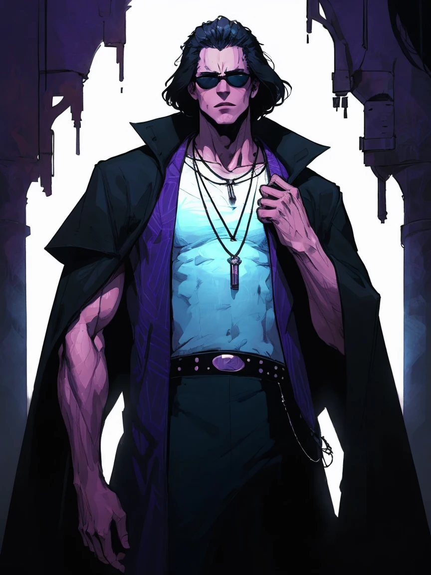 A tall, white muscular man with short, black hair and purple shade sunglasses stands confidently. He is wearing a stylish, dark jacket with intricate purple patterns over a light blue shirt. He has a serious expression and a necklace with a pendant, high detailed, 8K, masterpiece.