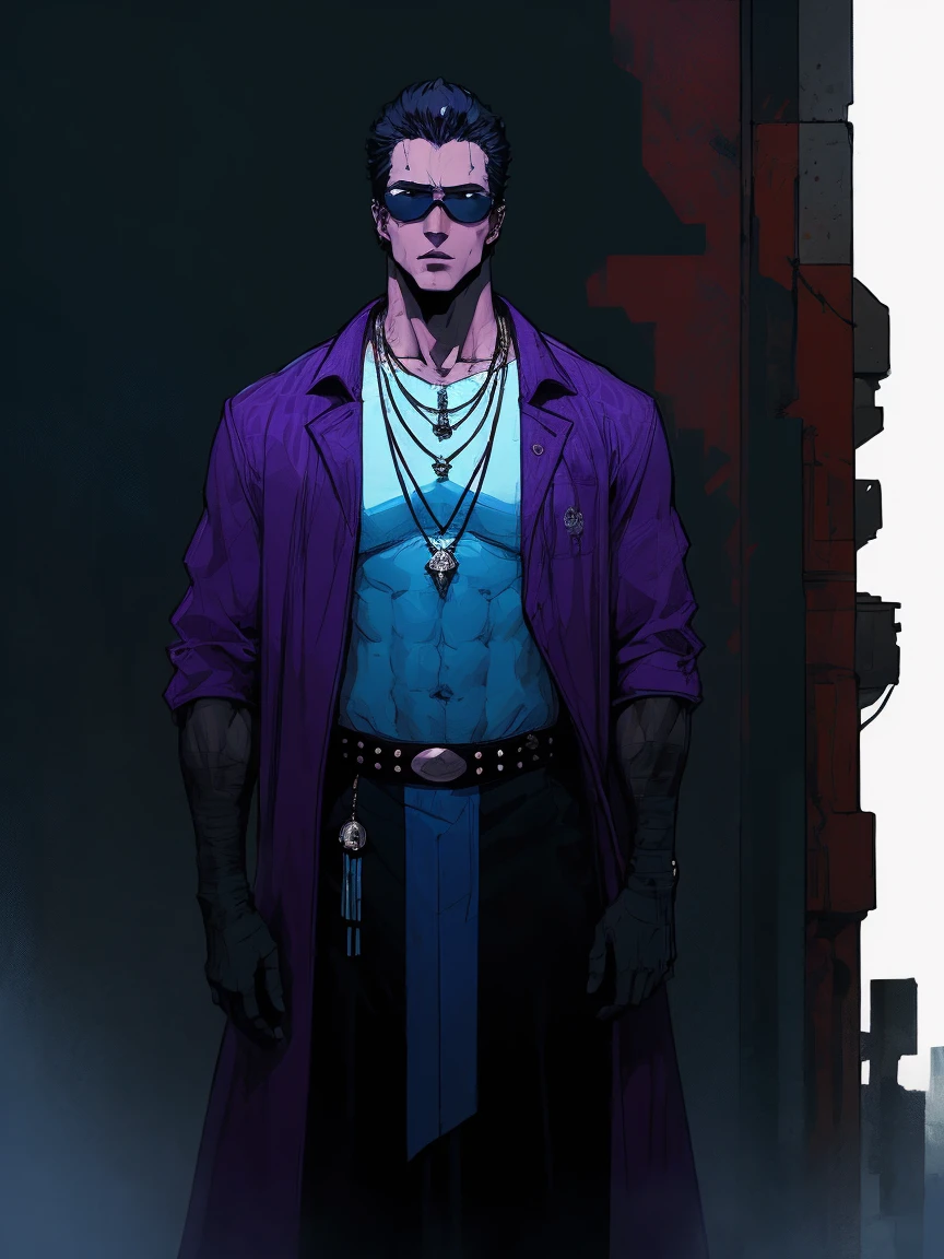 A tall, white muscular man with short, black hair and purple shade sunglasses stands confidently. He is wearing a stylish, dark jacket with intricate purple patterns over a light blue shirt. He has a serious expression and a necklace with a pendant, high detailed, 8K, masterpiece.