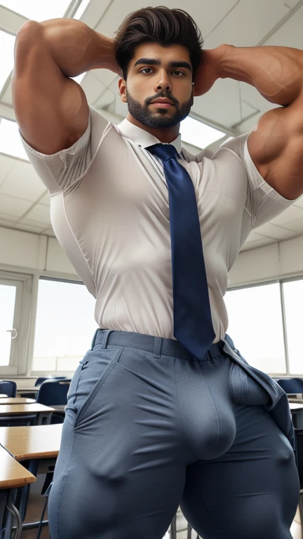 18 years old indian school boy with small beard mascular dark skin jaat with spiky hairstyle in , head to thighs, indian school boy, beautiful eyes, large lips, volumeric light, wearing opened white shirt with tight-fitting trouser and navy tie , huge bulge, muscular chest, long legs, left neck look, Wide shoulders, nice detailed hands, standing in school classroom wirh spread legs background, sunny day, daylight, His perfect( big huge bulge) is (coming out) of his pant,masterpieces