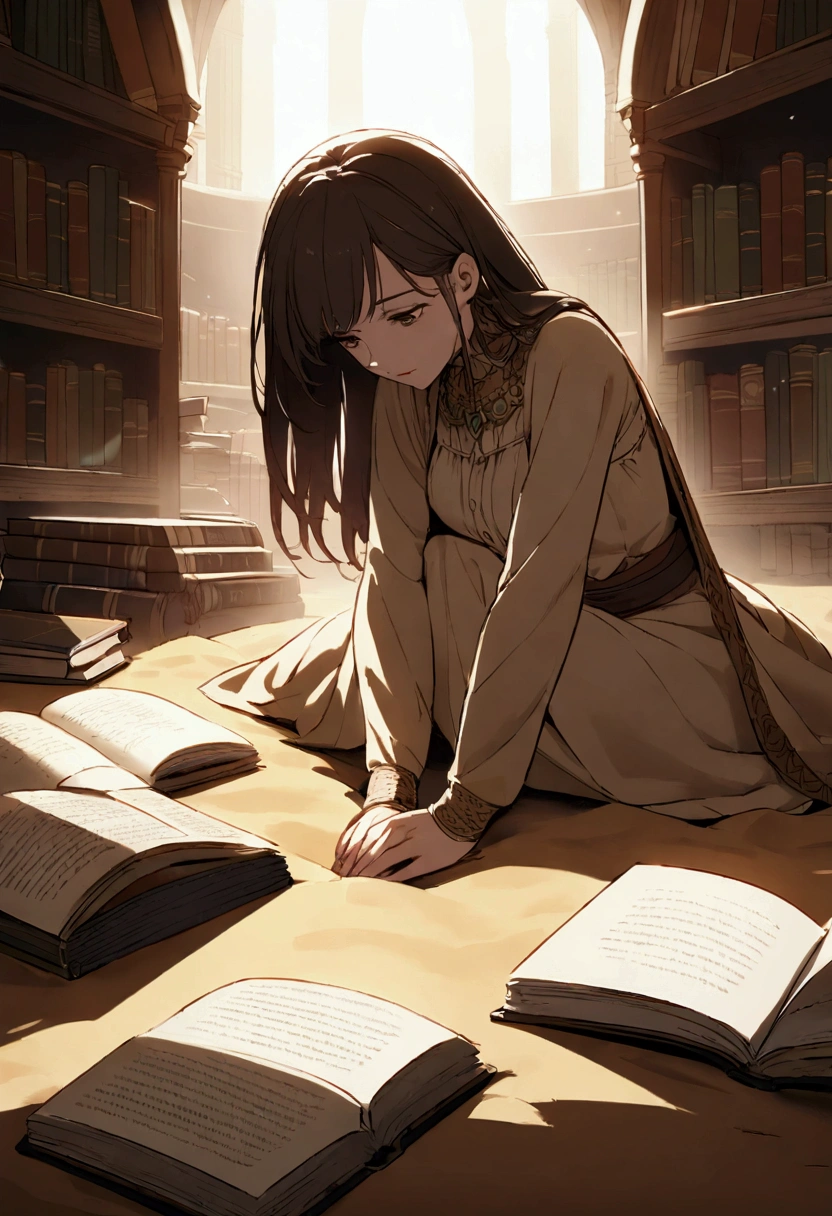 scene for the cover of a modest Caucasian woman in a library reading books buried in the desert sands