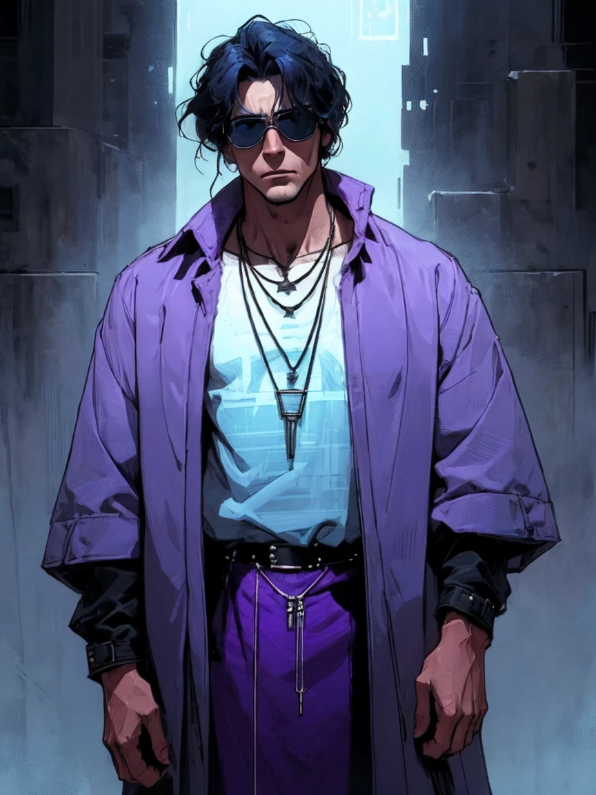 A tall, white muscular man with short, black hair and purple shade sunglasses stands confidently. He is wearing a stylish, dark jacket with intricate purple patterns over a light blue shirt. He has a serious expression and a necklace with a pendant, high detailed, 8K, masterpiece.