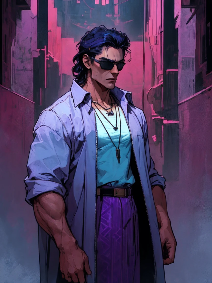 A tall, white muscular man with short, black hair and purple shade sunglasses stands confidently. He is wearing a stylish, dark jacket with intricate purple patterns over a light blue shirt. He has a serious expression and a necklace with a pendant, high detailed, 8K, masterpiece.