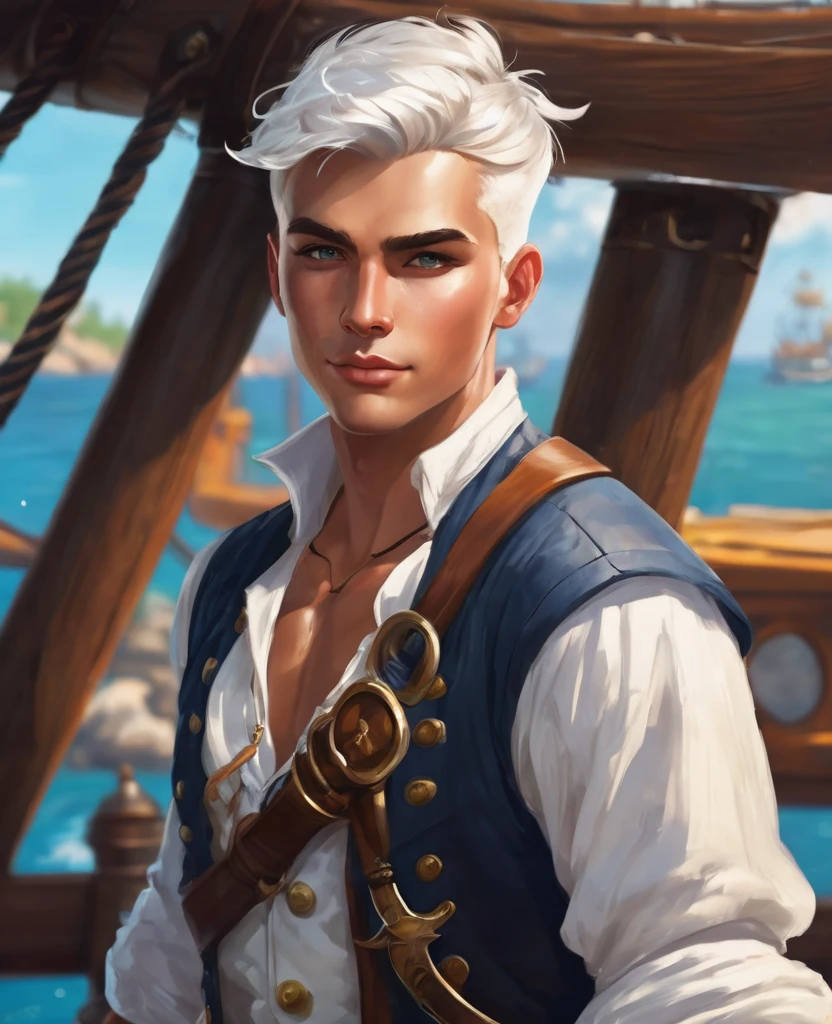 A young pirate with a muscular build and tanned fair skin. Strikingly white short hair fluttering in the wind. Beautiful young pleasant face. He's dressed like a pirate, in a suit consisting of a white shirt with rolled up sleeves, dark brown vest, decorated with gold buttons and epaulettes, and dark brown trousers. He also wears a brown leather belt with various pouches and sword sheaths.. He has nice high boots on his feet. He stands on the deck of a pirate ship at the helm. Lightning flashes and thunder thunders behind. Middle Ages. fantasies.