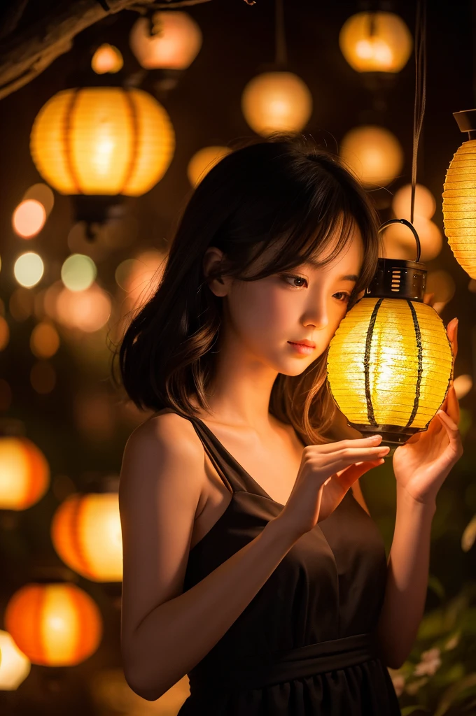 silhouette, Particles of light,Medium hair woman, Close up background, Many lanterns,(night桜) , night, night空, Better Hands,Beautiful composition,High resolution