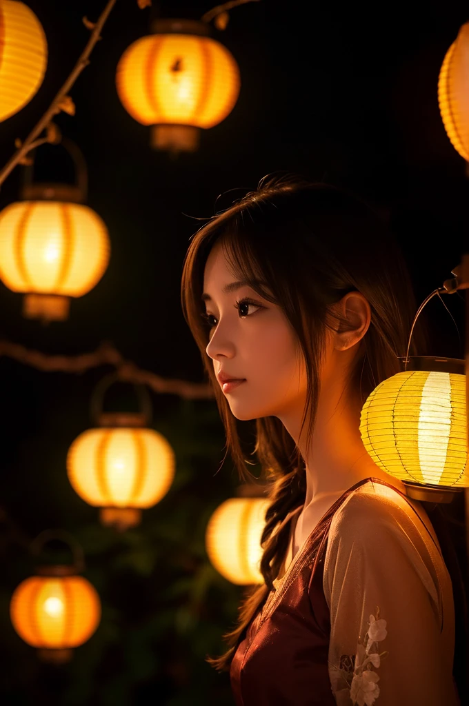 silhouette, Particles of light,Medium hair woman, Close up background, Many lanterns,(night桜) , night, night空, Better Hands,Beautiful composition,High resolution