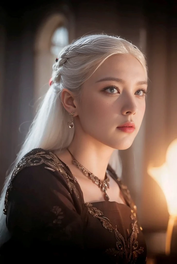 Golden silver hair, Pale skin, large eyes!, full lips 