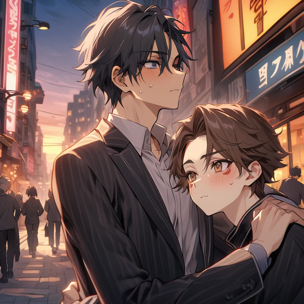 2 men, 1 person wearing a black suit, black hair, light yellow skin, strong body,Have muscles,dark colored eyes,(very cool) ,1 18 years old brown hair very light skin brown eyes(teencollege students) ,facial expression(shy look) best quality, facial details, Detail background(City Streets),night(There is a sunset), The two rely on each other, which means they are lovers.,harmonious relationship