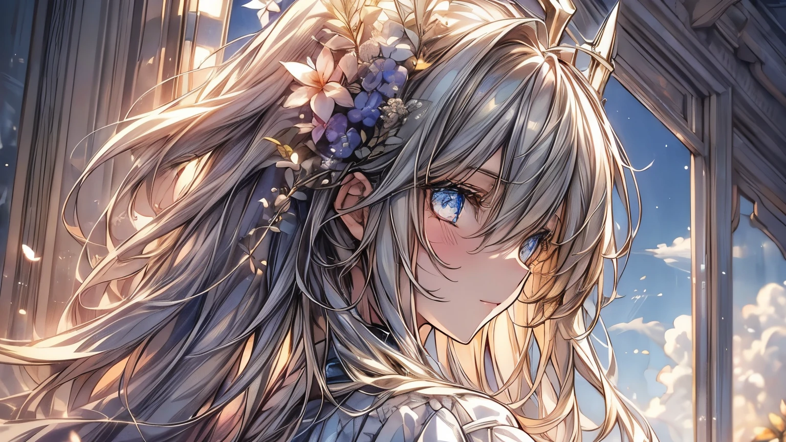 ((super detailed),sky background,beautiful clouds,The light from the back window is backlit.,element,Watercolor pattern in calm colors),(watercolor texture), ((1 girl),long gray hair,blonde hair,blue eyes,adorable,Angelic),light smile,lolita prostitute,best image quality
