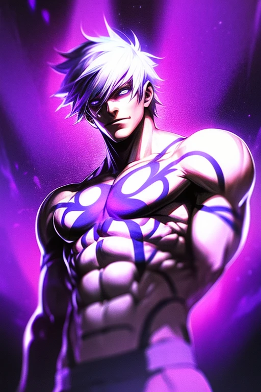 1boy,fit and muscular body，white color hair，Bare topless，Tattooed with,  evil smile, shining purple background, low shot