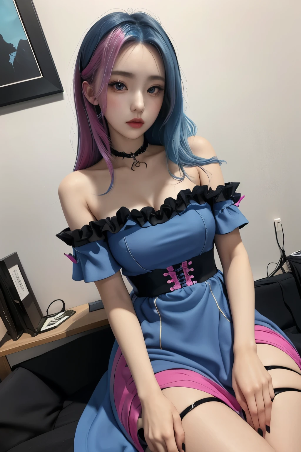 (masterpiece, best quality), woman, phlg, blue hair, pink highlight, dress