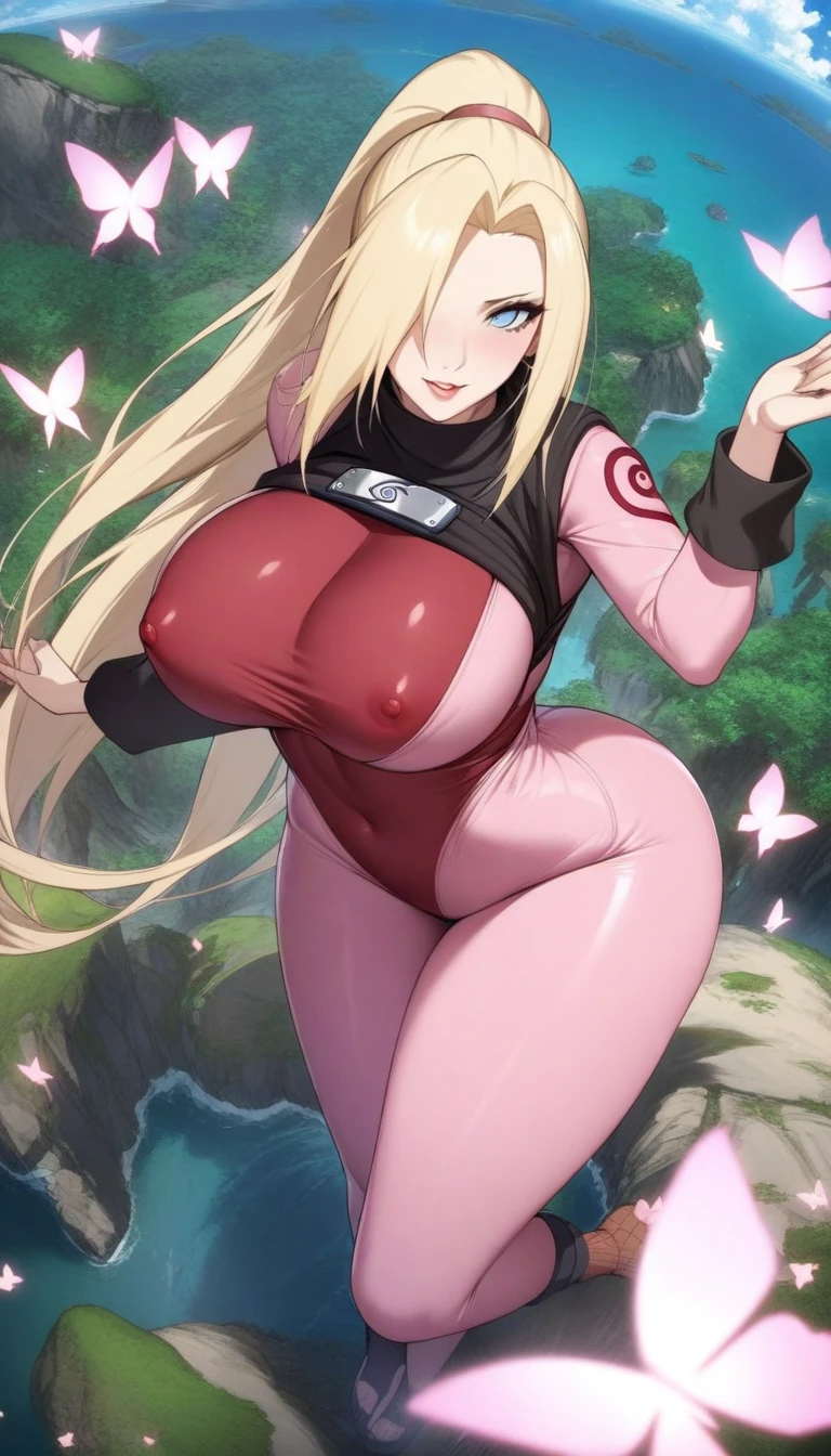 masterpiece, best quality, very aesthetic, absurdres, 1girl, mature_lady,pink_bodysuit,red_bodysuit,covered_nipple,,yamanaka_ino, naruto_(series), naruto_shippuuden, blonde_hair, long_hair, high_ponytail, hair_over_one_eye, blue_eyes,large_breasts,,in an island,luminous butterflies, fluttering butterflies,from above