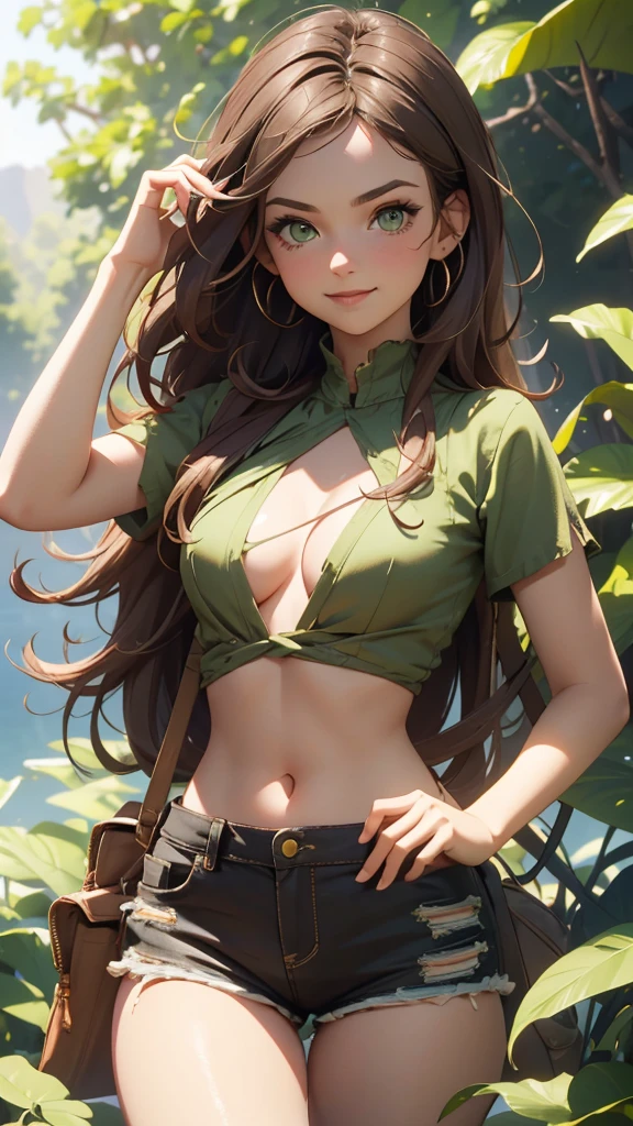 very detailed background, mesa, Best Quality, 1 woman, Alone, ((mesa, Best Quality)),better aesthetics, eye shadows, Wavy Brown hair, green eyes, loose hair , smile, by the wide, looking at the viewer, medium breasts, Brown hair, ripped red top, ripped shorts