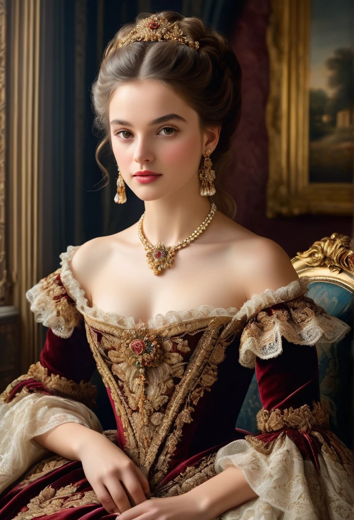 (highres,masterpiece:1.2),(realistic:1.37)A portrait of a French aristocrat girl in the 18th century with unparalleled beauty. She has mesmerizing brown eyes and delicate rosy lips. The portrait is meticulously detailed, capturing every subtle nuance of her features. She is adorned in an exquisite silk gown, embellished with intricate lace and delicate embroidery. The painting showcases the opulence of the era, with lush velvet curtains and gilded furniture in the background. The lighting is soft and diffused, accentuating the girl's ethereal beauty. The colors are vibrant and rich, creating a captivating visual experience. The portrait is created in the style of classical portraiture, reminiscent of the works of renowned artists from the era. It exudes elegance, grace, and sophistication.