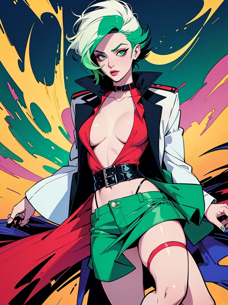 Open shirt, A stunning illustration ((Patrick Nagel Style)), A girl with green hair, with red cyberpunk outfit, in a colorful meadow, at night, flat colours, no shadows, 