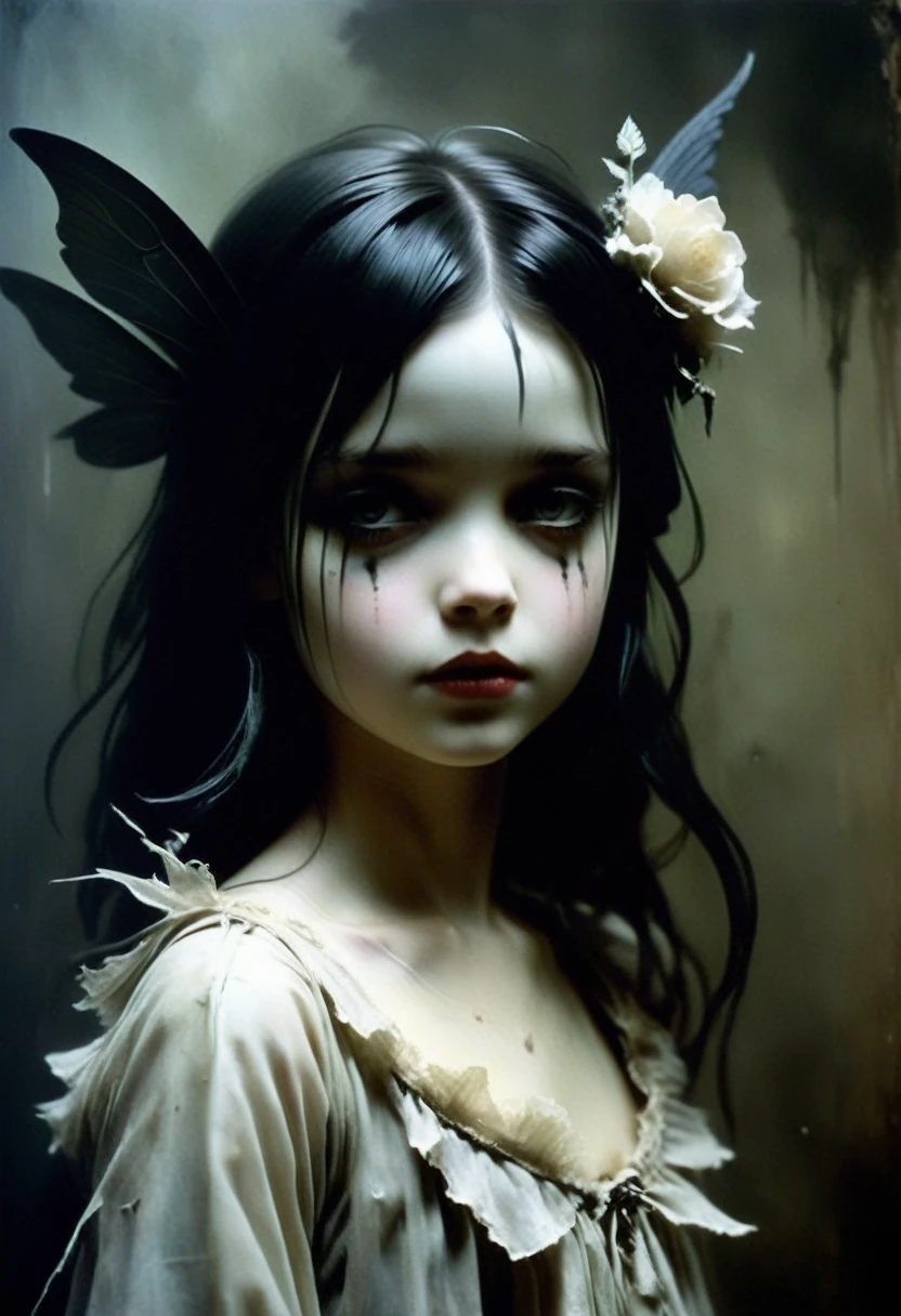 little fairy-tale girl made of wax in the style of Ashley Wood. Stephen Gammell. Frank Frazetta. masterpiece. Best quality. A beautiful cinematic impressionistic painting. Dark times, gothic. Chiaroscuro.
