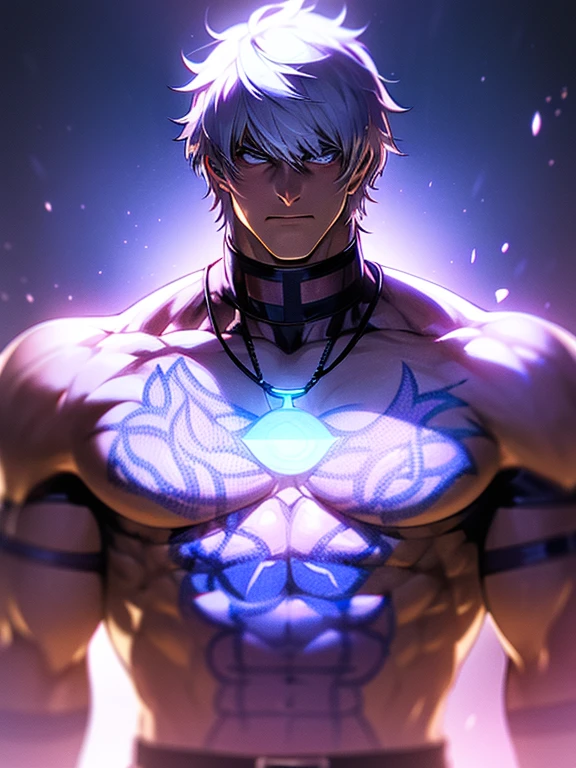 1boy,fit and muscular body，white color hair, stands confidently. He is wearing a stylish, dark jacket with intricate purple patterns over a light blue shirt. He has a serious expression and a necklace with a pendant, high detailed, 8K, masterpiece.