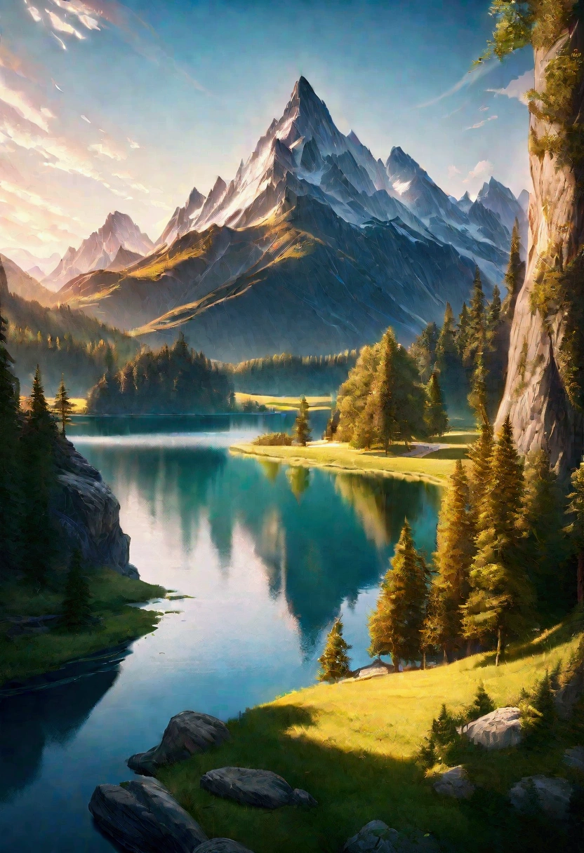 A beautiful fantasy landscape with a serene lake, surrounded by lush forests and towering mountains in the background. The scene is bathed in warm, golden sunlight, creating a tranquil and dreamlike atmosphere.

(best quality,8k,masterpiece:1.2),ultra-detailed,realistic,photorealistic,HDR,UHD,studio lighting,ultra-fine painting,sharp focus,physically-based rendering,extreme detail description,professional,vivid colors,landscape,fantasy,serene lake,lush forests,towering mountains,warm golden sunlight,tranquil,dreamlike